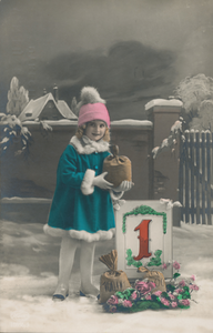 716066 Reclameprentbriefkaart (ingekleurd), met een gefotografeerd kersttafereeltje uit een buitenlandse stockserie; op ...